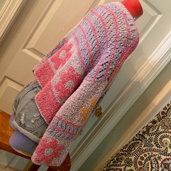 Moon & Madison Artistic Floral Kawaii Cute Purple, Pink, & Orange Sweater - Picture 10 of 14